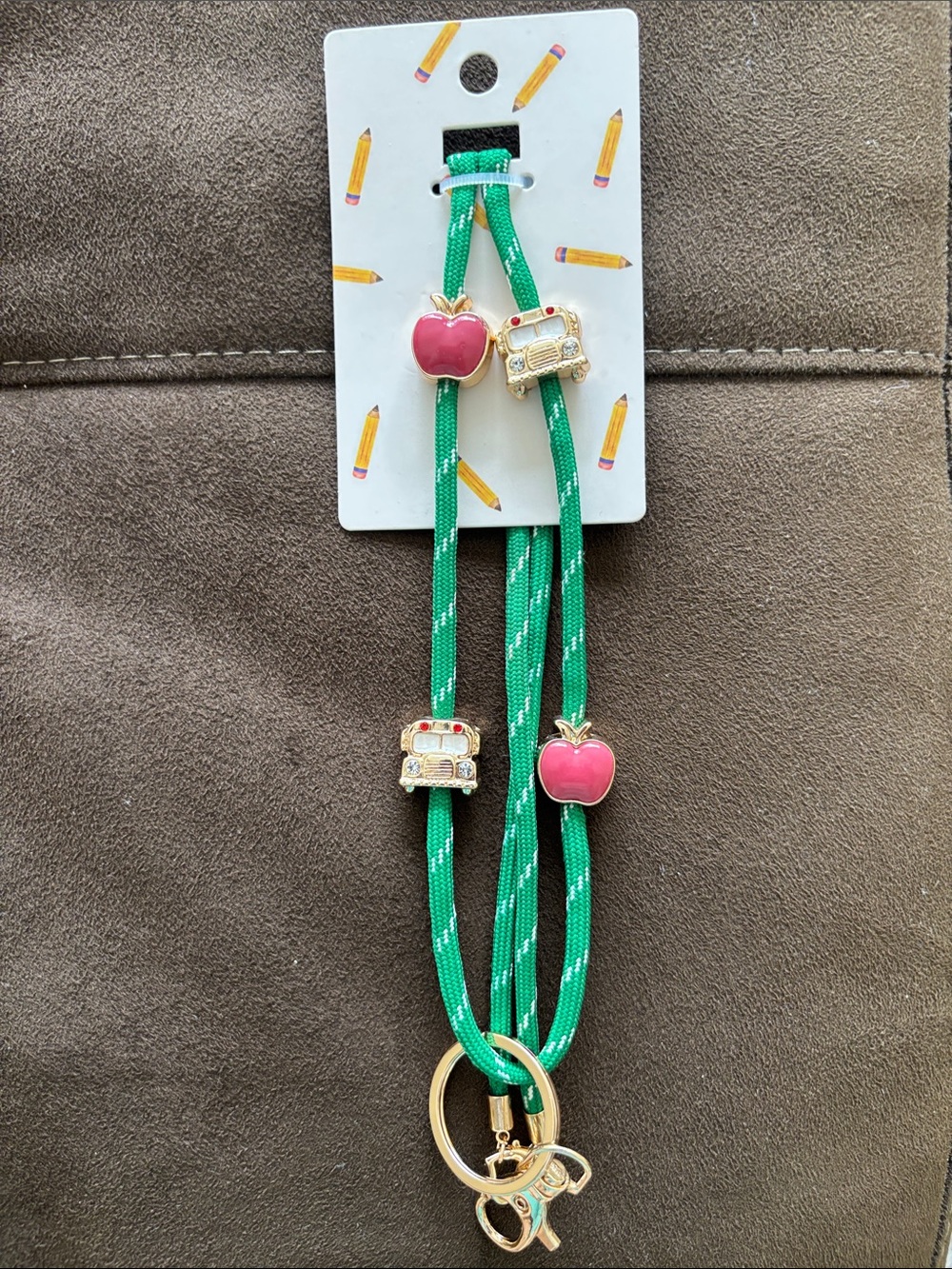 Target Green Lanyard with Pink Apple & Gold Bus Charms